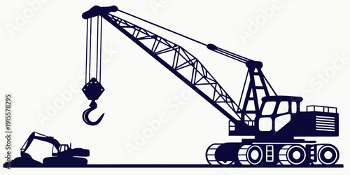 Heavy machinery including a crane and an excavator working on a construction site