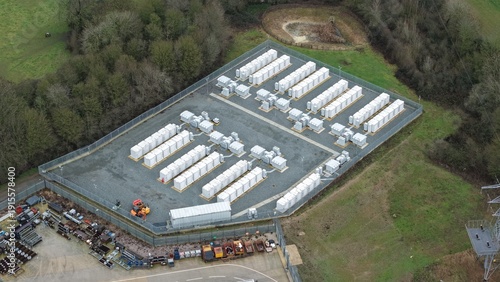 Canvastavla Close up aerial view of the Enderby BESS battery energy storage facility in the UK showing CATL units for national grid power supply support
