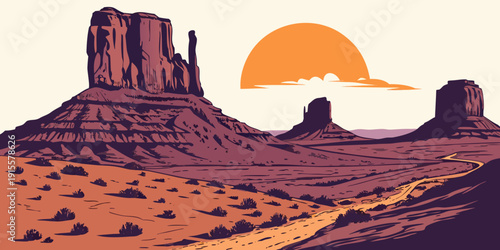 A vast desert landscape with towering red rock formations and a setting sun