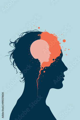 Profile silhouette of head containing inner child face with  paint splatter flowing out, symbolizing trauma, inner voice, childhood memories therapy