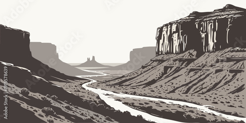 A vast desert landscape with towering rock formations and a winding river