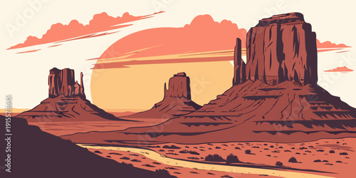 A serene sunset over the iconic red rock formations of monument valley