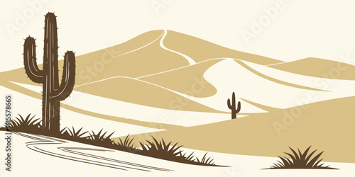 A serene desert landscape with two tall cacti and rolling sand dunes.