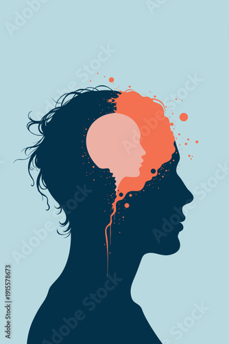 Profile silhouette of head containing inner child face with  paint splatter flowing out, symbolizing trauma, inner voice, childhood memories therapy