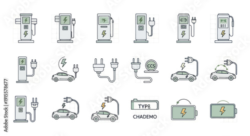 Electric Car Charging Stations and Plugs Icons - Clean Energy Vector Graphics