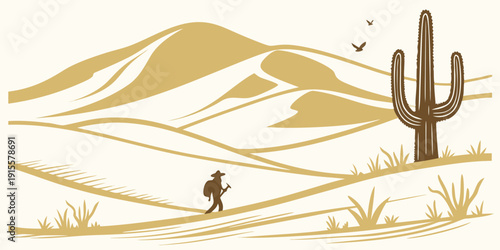 A lone traveler embarks on a journey through a vast desert landscape with cacti and birds.