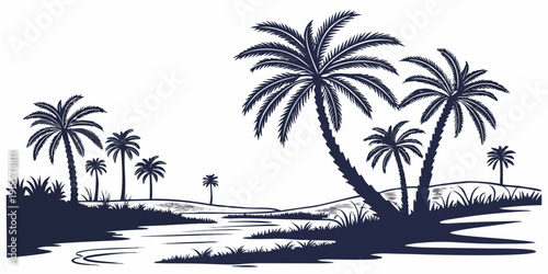 A serene tropical beach scene with palm trees and a calm ocean