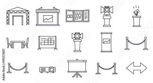 Event Icons: Stage, Podium, Booth, Projector, Display, Barrier, Table