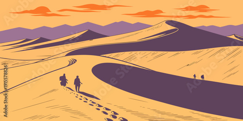 A group of people walking along a winding path in a vast desert landscape at sunset