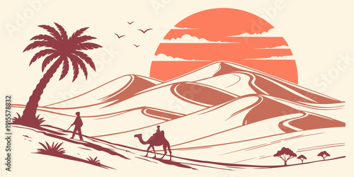 A serene desert landscape with a vibrant sunset and palm trees in the distance