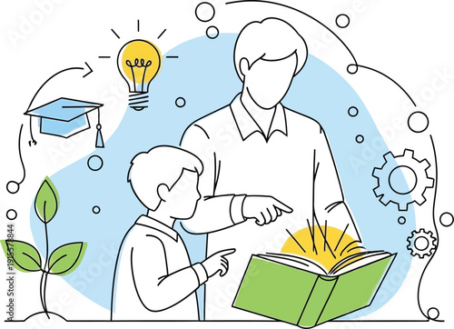 A man and a boy reading a book isolated on transparent background