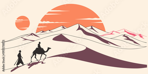 Two adventurers on camels journey across a vast desert landscape under a setting sun