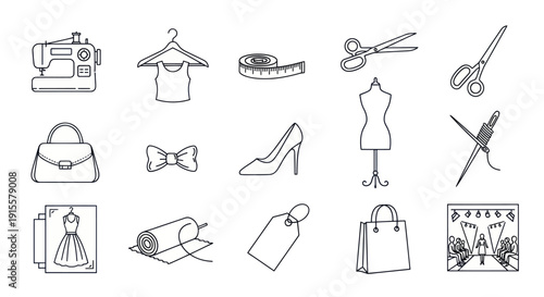 Fashion Design Icons: Sewing, Style, and Boutique Elements