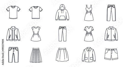 Fashion Clothing Icons Set: T-shirts, Hoodie, Dresses, Jeans, Skirts, Jackets