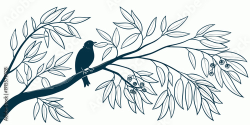 A black bird perched on a delicate branch with intricate leaves