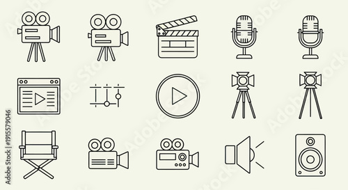 Film and Video Production Icons Set: Camera, Microphone, Clapboard, Projector, Speaker