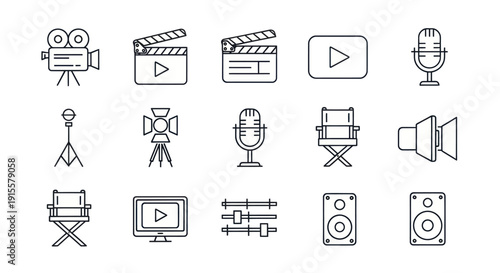 Film and Music Icons: Camera, Microphone, Speaker, Clapperboard, Play Button