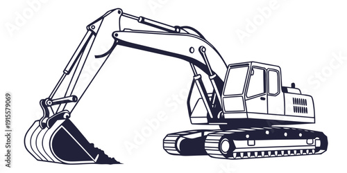 Large excavator with extended arm and bucket in a stationary position