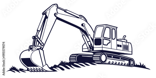 A detailed black and white illustration of a large excavator machine.