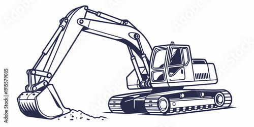 A detailed illustration of a heavy-duty excavator with a long arm and bucket.