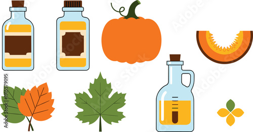 Pumpkin and autumn harvest oil icons set, colorful vector illustrations with orange pumpkin, maple leaves, and glass bottles of organic seed oil isolated on white background.