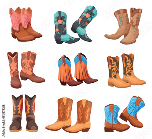 Cartoon cowboy boots. Western american boot with spur for rodeo, cowgirl country dance traditional texas ranch shoe wild west cowboys leather footwear, set neat vector illustration