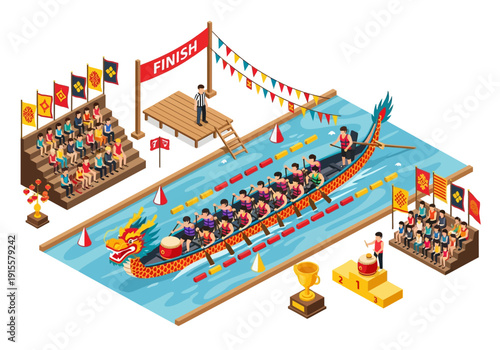 Dragon boat racing event with rowers competing on a serene lake surrounded by spectators and festive decorations