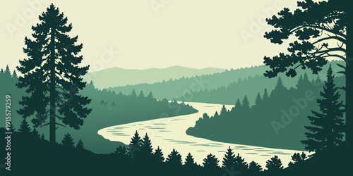 A serene landscape of a river winding through a dense forest of tall trees