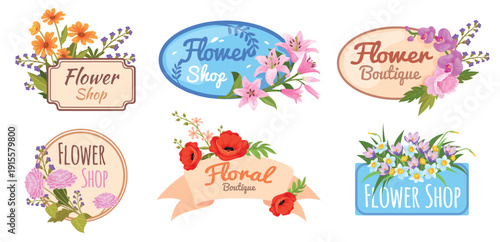 Flowers shop logo. Florist flower store logotypes set isolated icons, decorative badges floral frames boutique labels beauty vintage nature herbal design, neat vector illustration