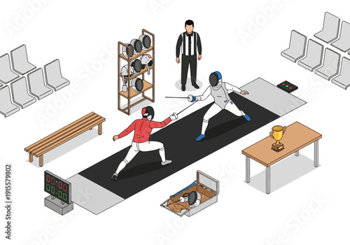 Two fencers engage in a competitive fencing match on a piste with a referee overseeing the event in an indoor sports arena