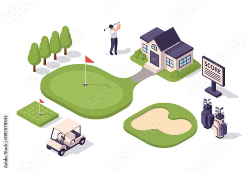 Golfing scene with golfer, golf cart, and clubhouse on a green course with sand trap and trees