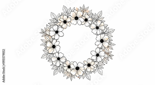 Delicate floral wreath with hand-drawn white blossoms and leaves