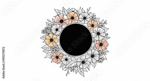 Delicate floral wreath with a central black circle, sketched with subtle pastel colors