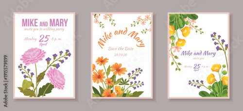 Spring wildflowers posters. Flowers greeting cards, wedding invitation flyers happy birthday postcard easter holiday poster floral frame design cartoon set neat vector illustration