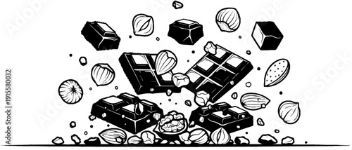 Delicious chocolate bars and nuts scatter in a black and white illustration
