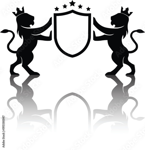 Black heraldic lions with crowns holding a shield with stars, reflected on a shiny surface, in a classic crest design.