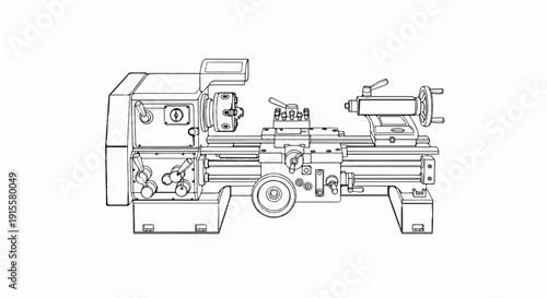 Detailed line drawing of a metalworking lathe with multiple controls and components