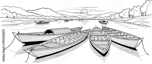 Five boats docked on a calm river with mountains and sun in the background