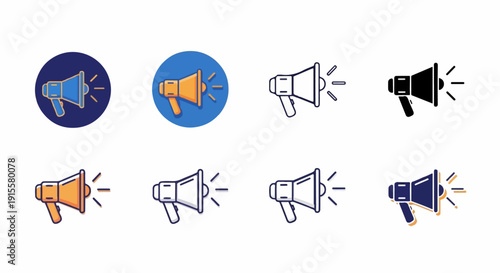 Diverse megaphone icons, colorful and outlined, representing communication