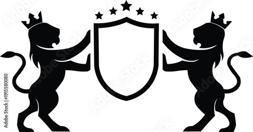 Two crowned black lions holding a blank shield with five stars above, in a heraldic or coat of arms style.