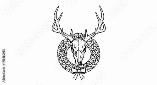 Detailed illustration of a deer skull with antlers, adorned with a berry wreath and bow