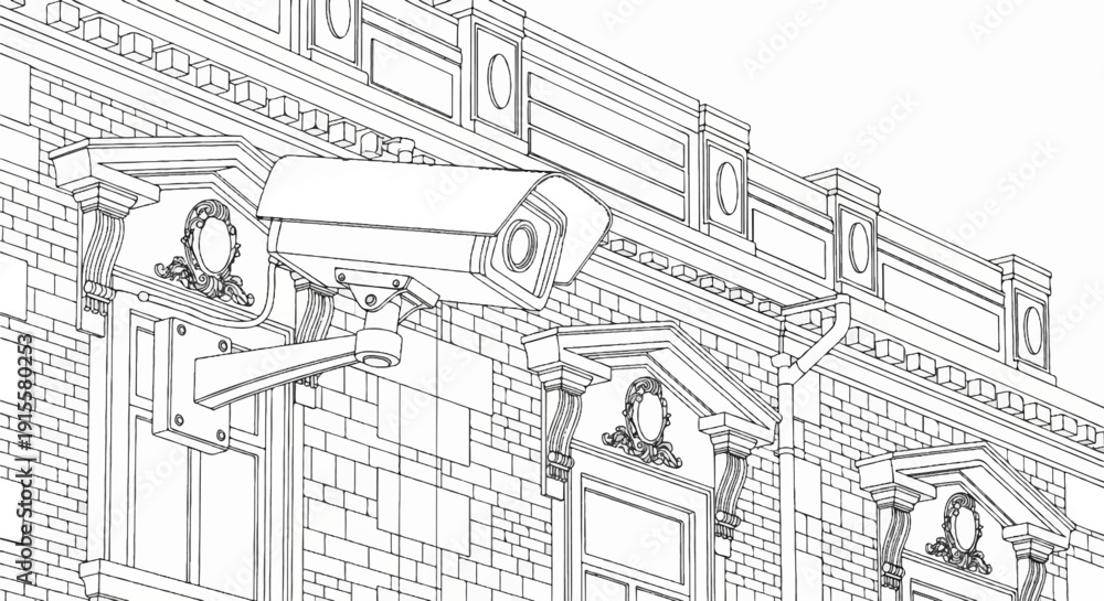 Obraz premium Detailed line drawing of a security camera mounted on a brick building