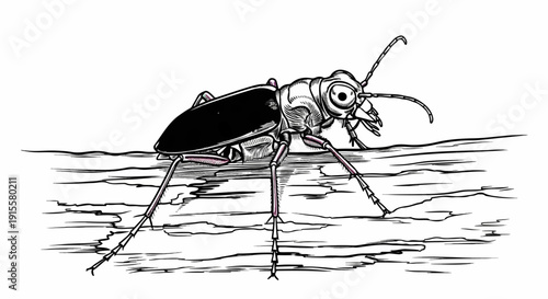 Detailed illustration of a predatory insect with iridescent body on rough wood