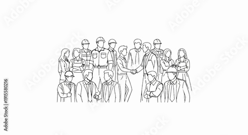 Diverse group of professionals, some in hard hats, in handshake greeting