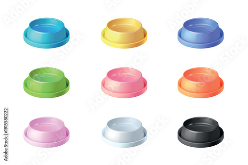Colored feed bowls. Realistic isolated pet bowl, cat dog food feeding dishes domestic animal friends plastic or container for water hungry puppy, set exact vector illustration