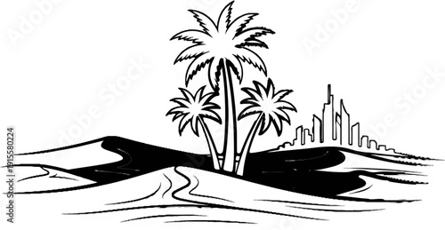 Desert oasis with palm trees and a distant, stylized city skyline