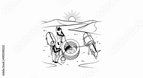 Desert scene People and animals at a well under the sun