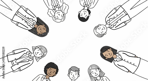 Diverse group of professionals in suits gathered in a circle, looking in