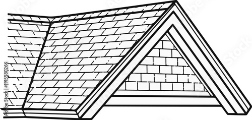 Detailed illustration of a roof gable with layered shingles and brick