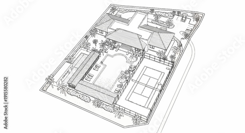 Detailed aerial sketch of a luxurious estate featuring a pool, tennis court, and residence